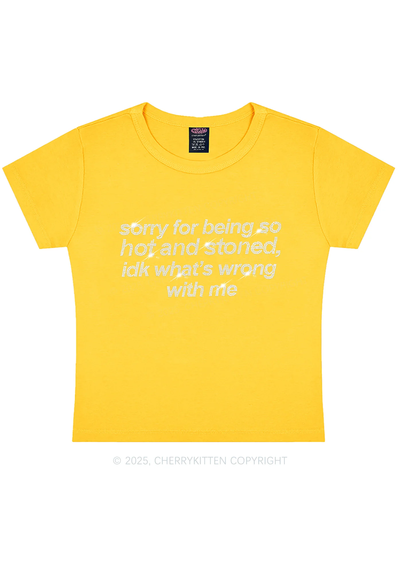 Rhinestone Sorry For Being Hot And Stoned Y2K Baby Tee Cherrykitten - Image 10