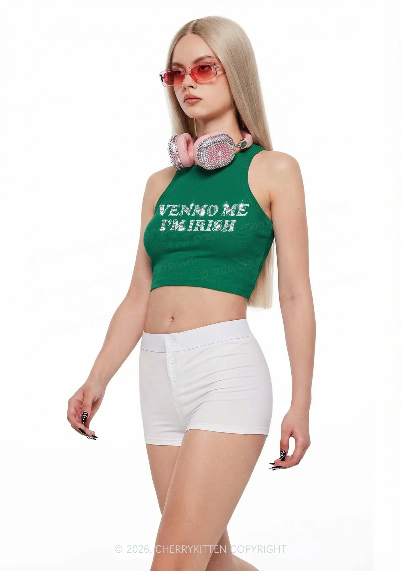 Rhinestone Venmo Me Im Irish St Patricks Y2K Crop Tank Top Cherrykitten - Image 2