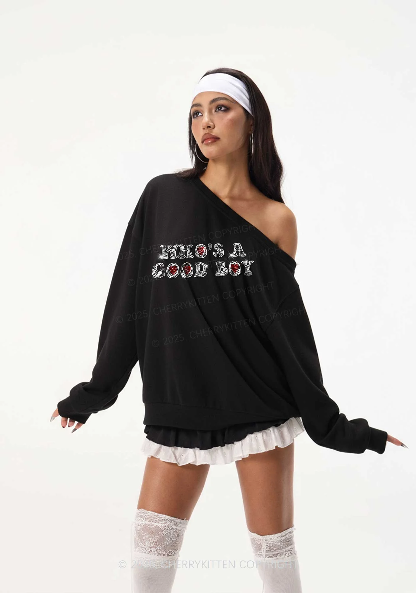 Rhinestone Whos A Good Boy Y2K Off Shoulder Sweatshirts Cherrykitten - Image 2