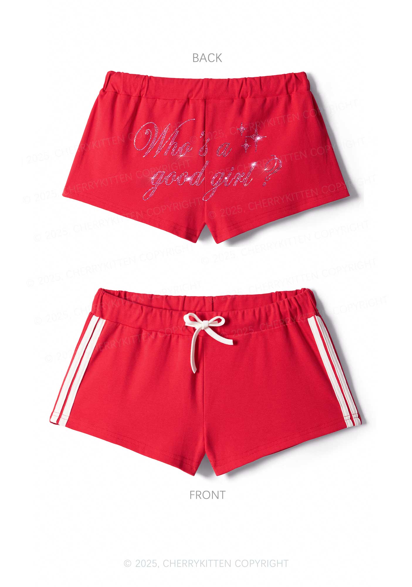 Rhinestone Whos A Good Girl Y2K Drawstring Mini Shorts Cherrykitten - Image 5
