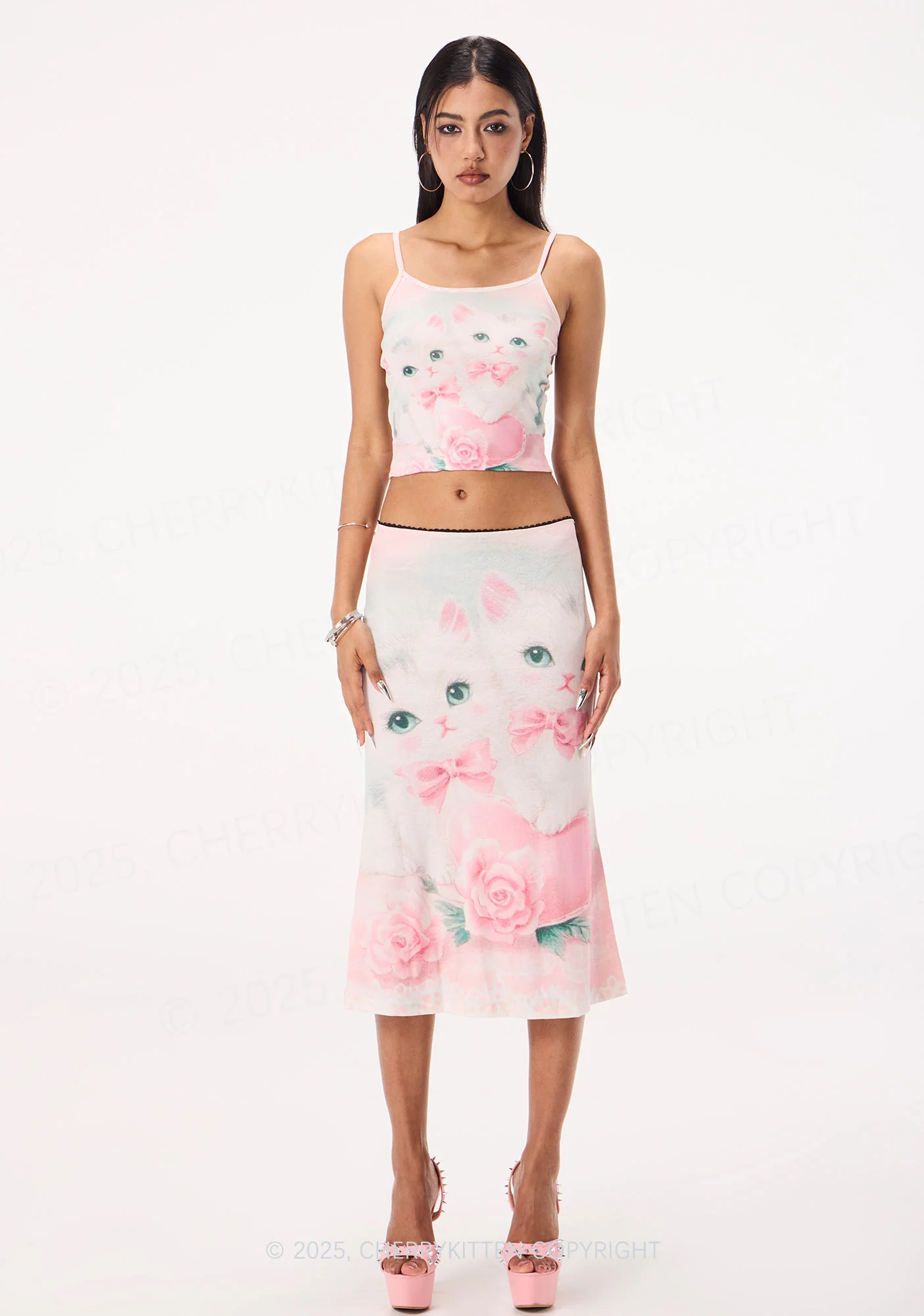 Rose Kitties Y2K Print Midi Skirt Cherrykitten - Image 3