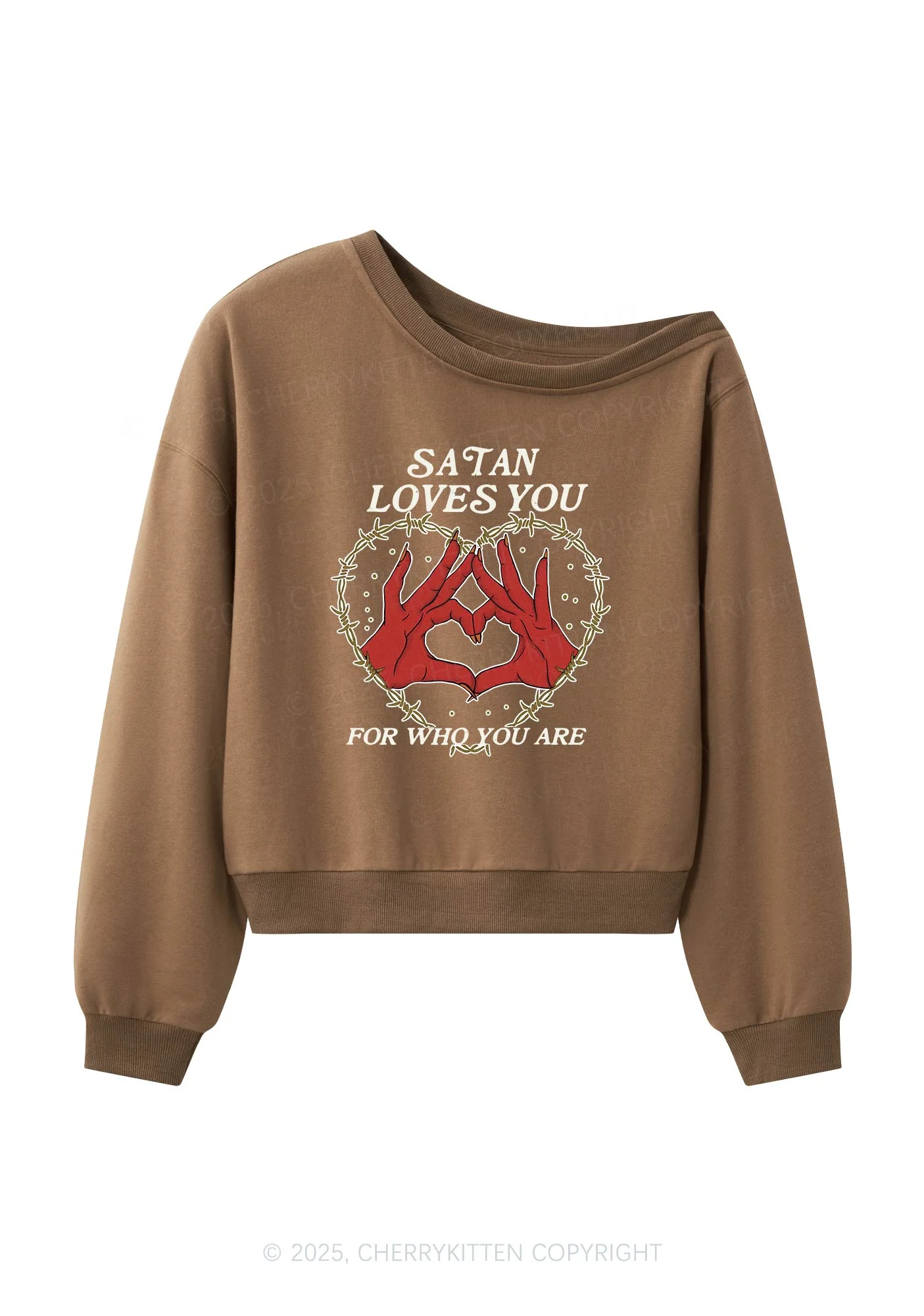 Satan Loves You Heart Halloween Y2K Off Shoulder Sweatshirts Cherrykitten - Image 4