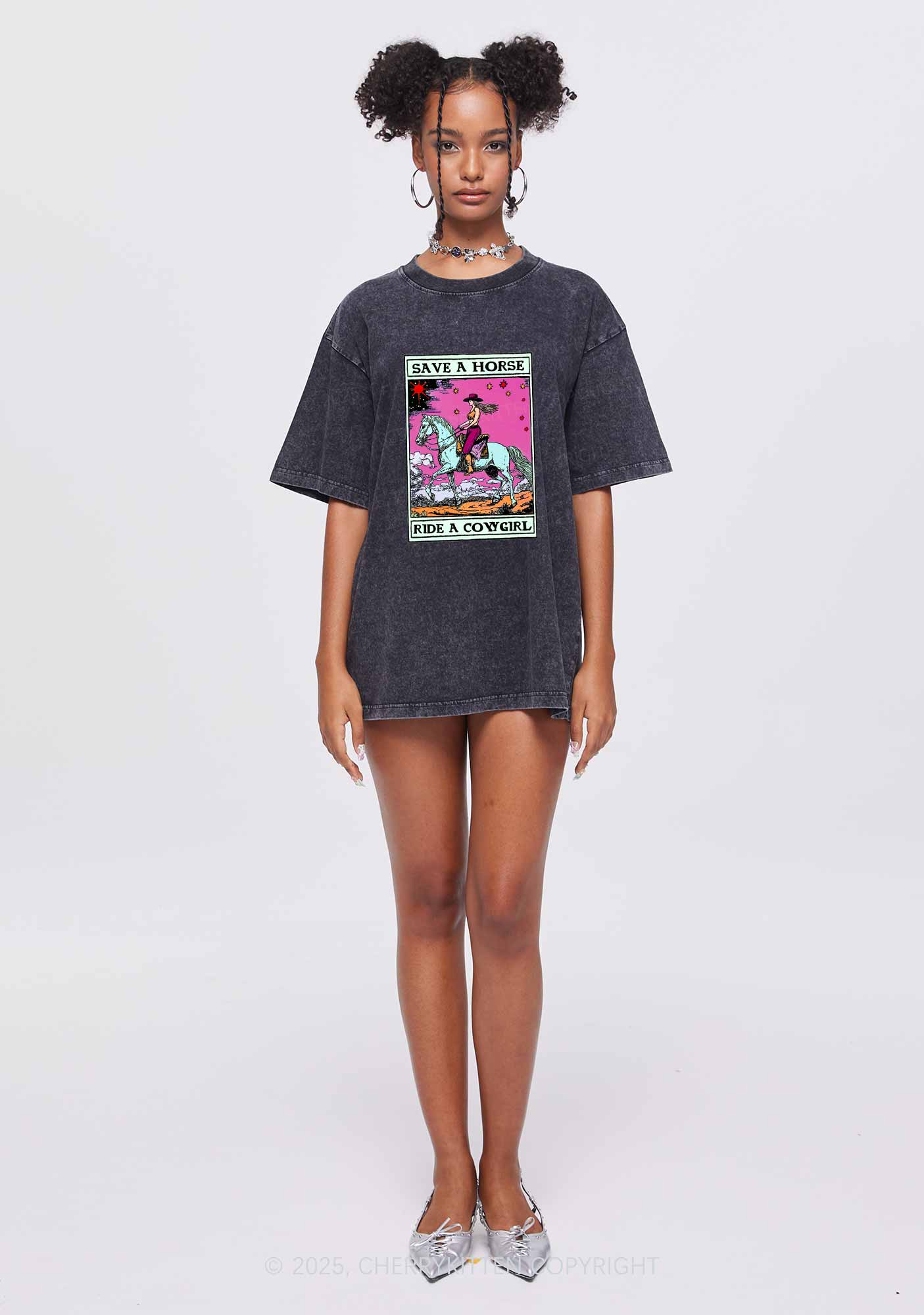 Save Horse Ride Cowgirl Pride Y2K Shirts Washed Tee Cherrykitten - Image 2