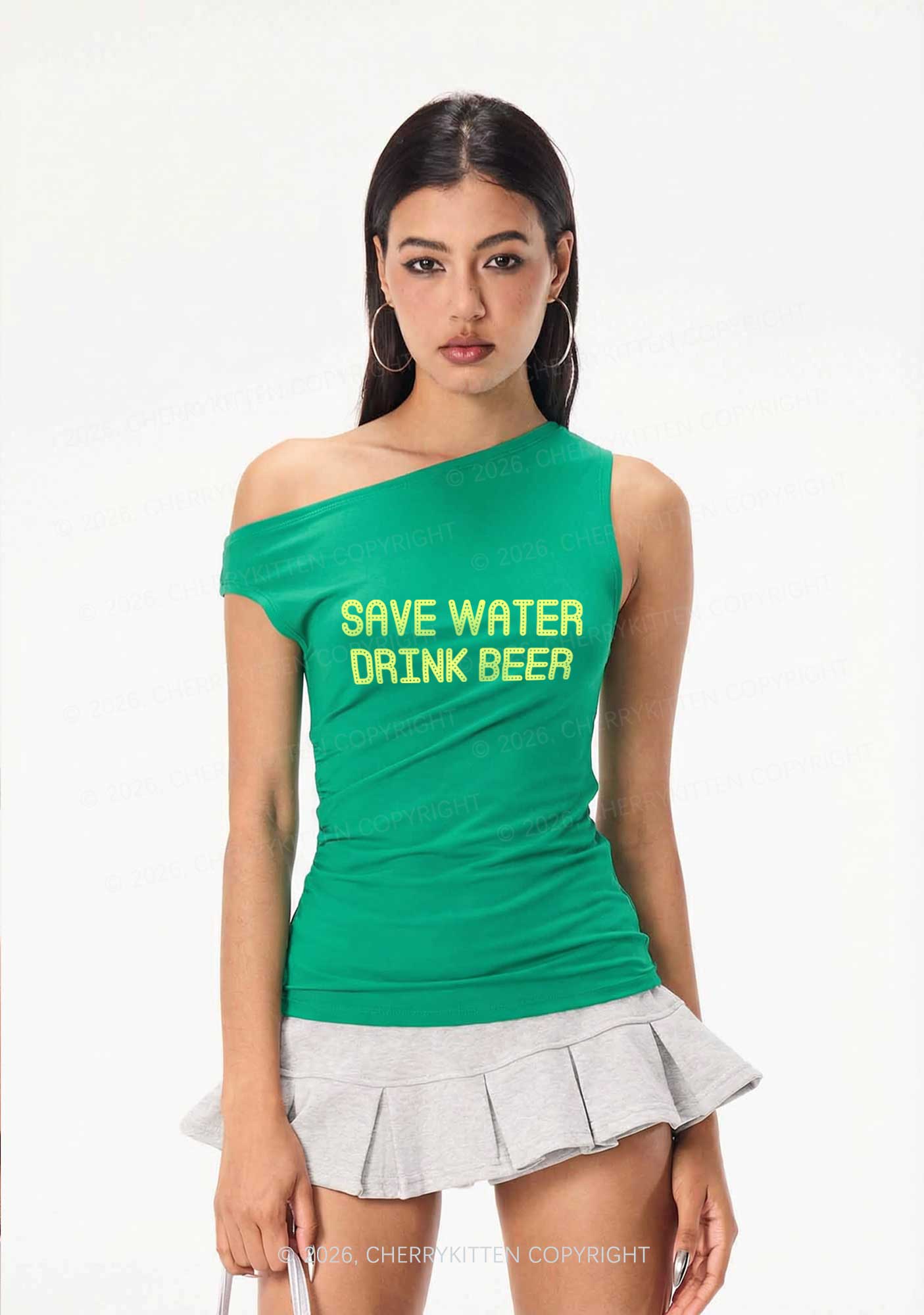 Save Water Drink Beer St Patricks Y2K Off Shoulder Tank Top Cherrykitten - Image 2