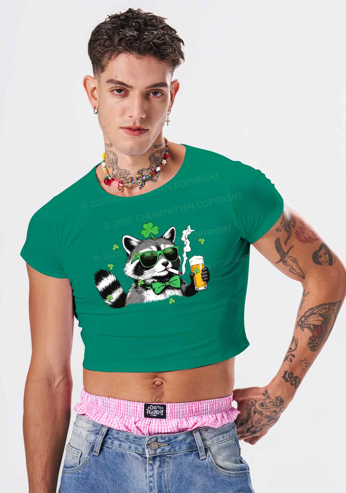 Shamrock Smoke Raccoon St Patricks Y2K Baby Tee Cherrykitten - Image 2