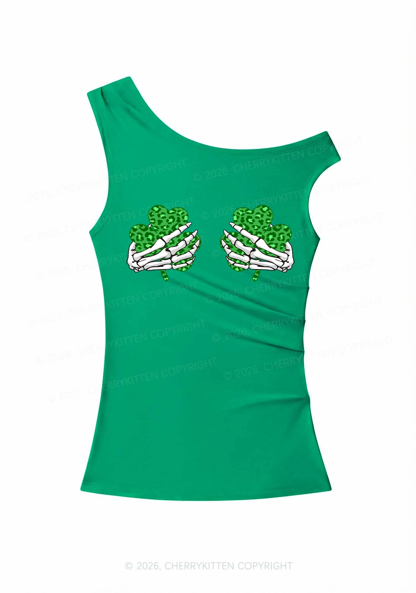 Skeleton Leopard Shamrock St Patricks Y2K Off Shoulder Tank Top Cherrykitten