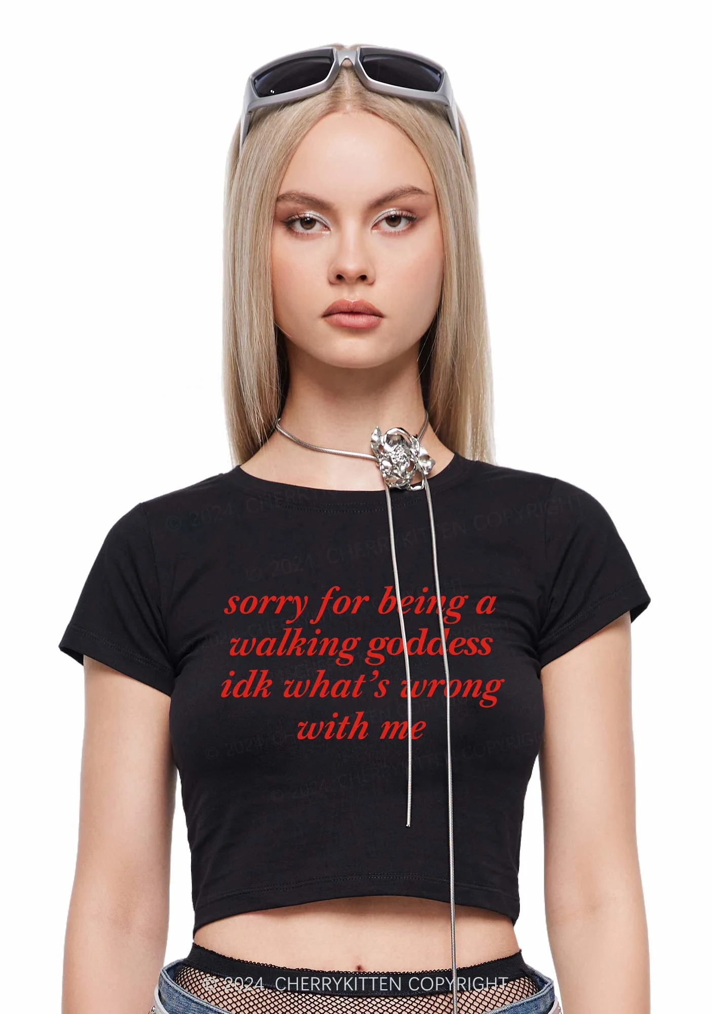Sorry For Being A Walking Goddess Y2K Baby Tee Cherrykitten - Image 2