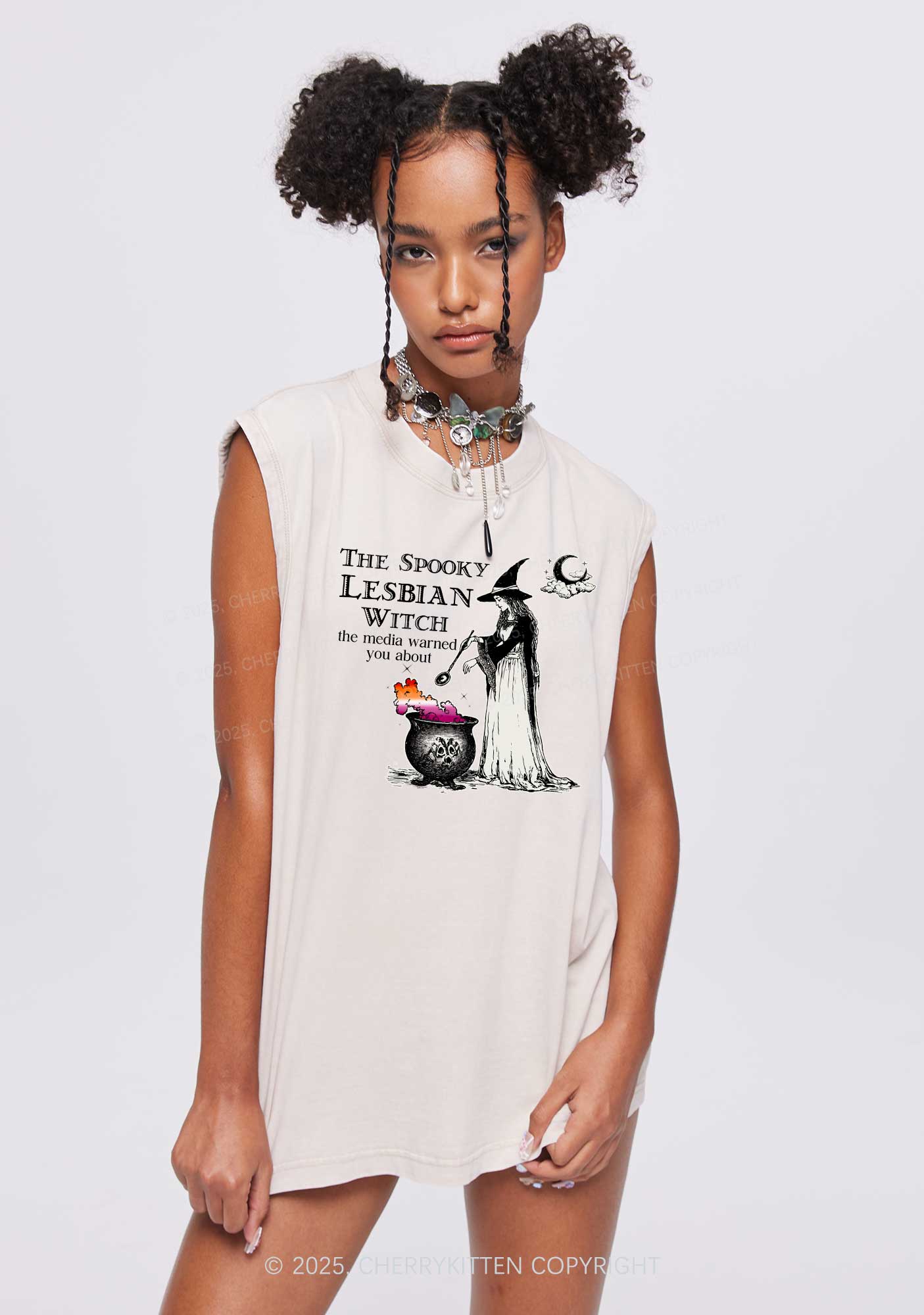 The Spooky Lesbian Witch Pride Y2K Washed Muscle Tank Cherrykitten - Image 2