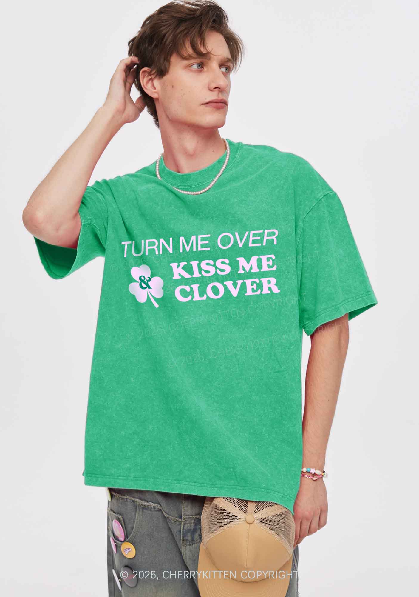 Turn Me Over Kiss Me Clover St Patricks Y2K Shirts Washed Tee Cherrykitten - Image 2