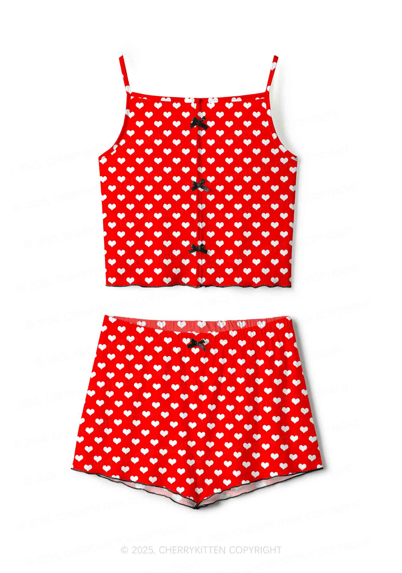 White Heart On Red Valentine's Day Y2K Print Cami Shorts Pajama Set Cherrykitten